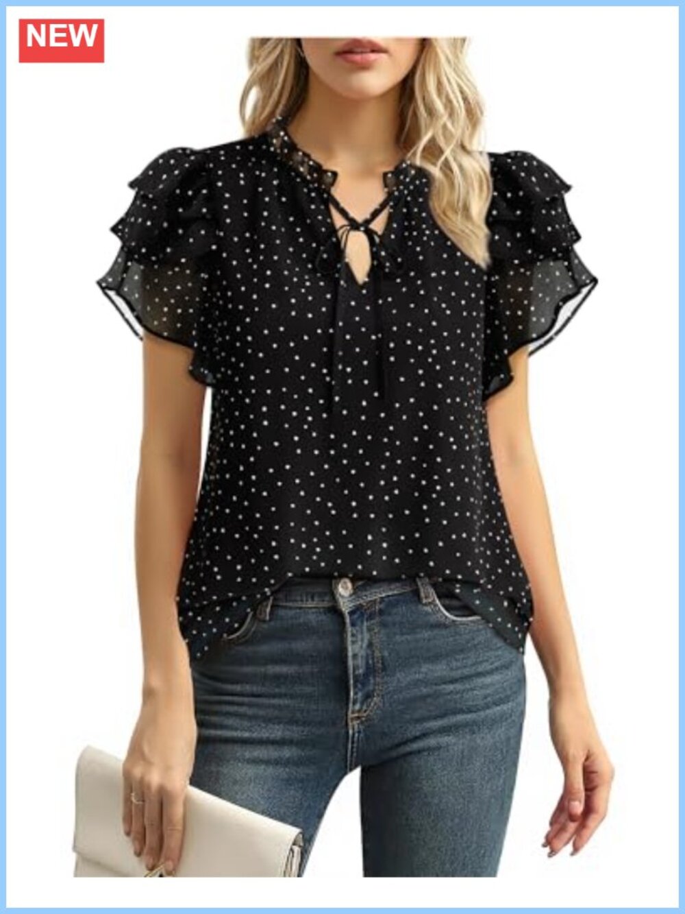 Chiffon Blouse Ruffle Short Sleeve V-Neck Dressy Casual Work Top